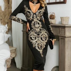 Embroidered patch choker neck dress